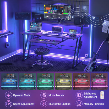 Music Studio Desk Production Workstation - Recording Studio Desk for Producer with Power Outlet & RGB LED Lights, Studio Workstation for Music Recording, Home Studio Table Desks, Grey Oak