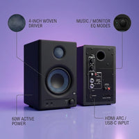 4'' Studio Monitors, 60W Active Monitor Speaker, Bluetooth Bookshelf Speaker with HDMI ARC, USB-C, TRS, RCA, Aux In, EQ & Music/Monitor Mode, for Music Production, Desktop Computer,Mf01 — infographic
