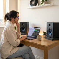 4'' Studio Monitors, 60W Active Monitor Speaker, Bluetooth Bookshelf Speaker with HDMI ARC, USB-C, TRS, RCA, Aux In, EQ & Music/Monitor Mode, for Music Production, Desktop Computer,Mf01 — Lifestyle