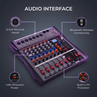Professional DJ Audio Mixer -  6 Channel DJ Bluetooth Controller Sound Mixer,Usb Interface,6 XLR Mic/Line Input,Aux,Fx Processor MP3 Player,+48V Phantom for Karaoke Studio Streaming Recording — infographic