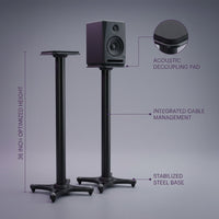 Studio Monitor Stands Built for Professional Setup, 36 Inch Height, Cable Management, Acoustic Foam — infographic