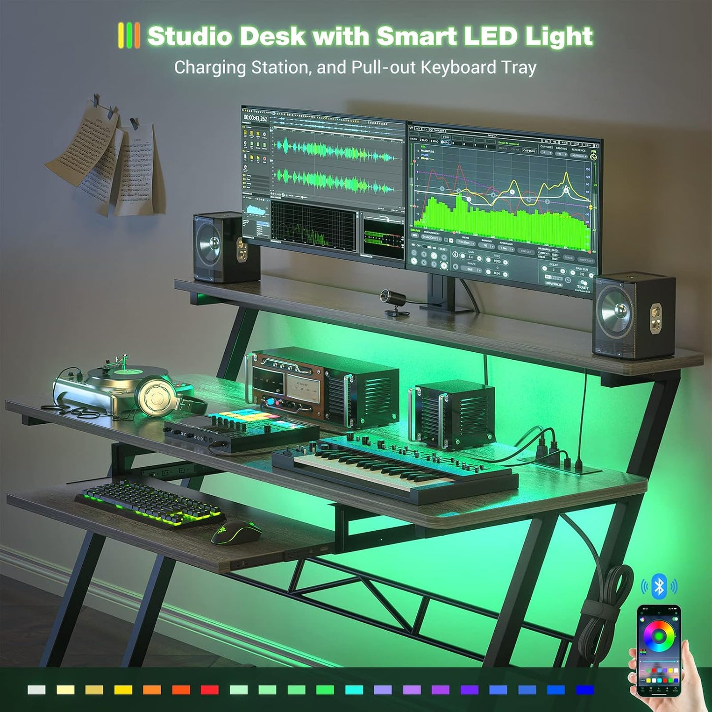 Music Studio Desk Production Workstation - Recording Studio Desk for Producer with Power Outlet & RGB LED Lights, Studio Workstation for Music Recording, Home Studio Table Desks, Grey Oak