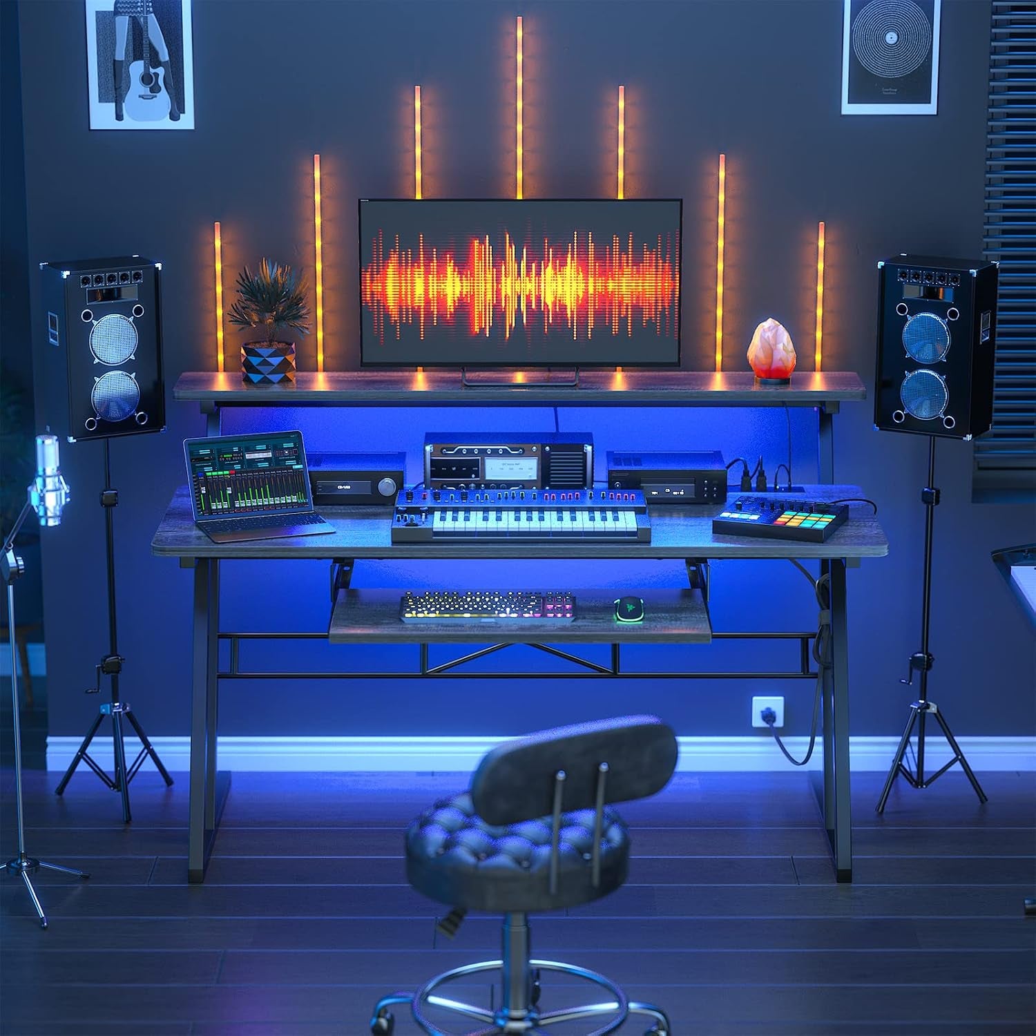 Music Studio Desk Production Workstation - Recording Studio Desk for Producer with Power Outlet & RGB LED Lights, Studio Workstation for Music Recording, Home Studio Table Desks, Grey Oak
