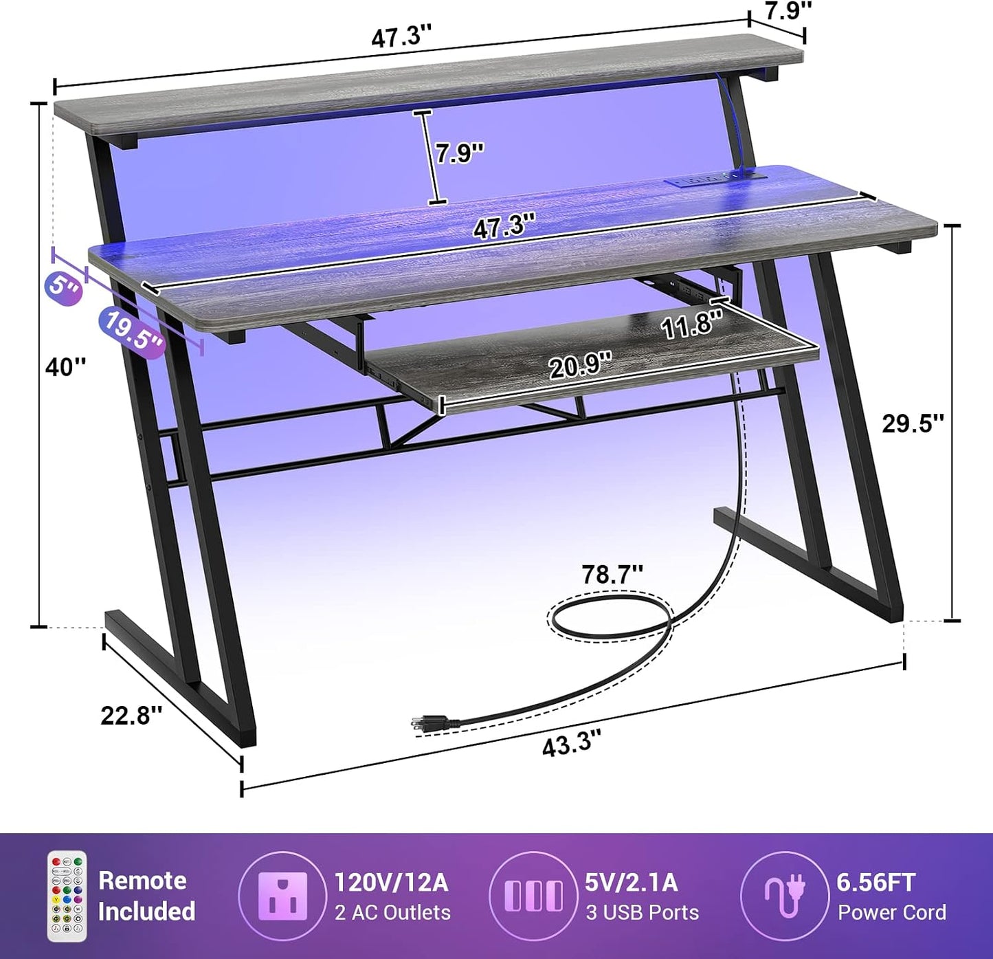 Music Studio Desk Production Workstation - Recording Studio Desk for Producer with Power Outlet & RGB LED Lights, Studio Workstation for Music Recording, Home Studio Table Desks, Grey Oak