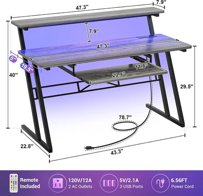 Music Studio Desk Production Workstation - Recording Studio Desk for Producer with Power Outlet & RGB LED Lights, Studio Workstation for Music Recording, Home Studio Table Desks, Grey Oak